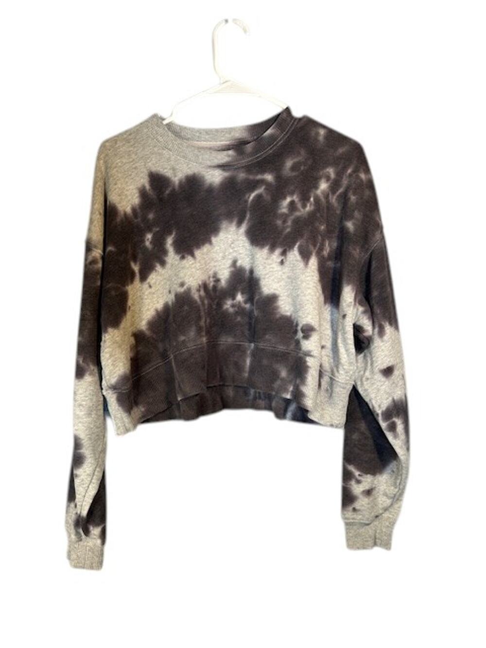 American Eagle Gray White Tie Dye Crew Neck Cropped Sweatshirt Women SM